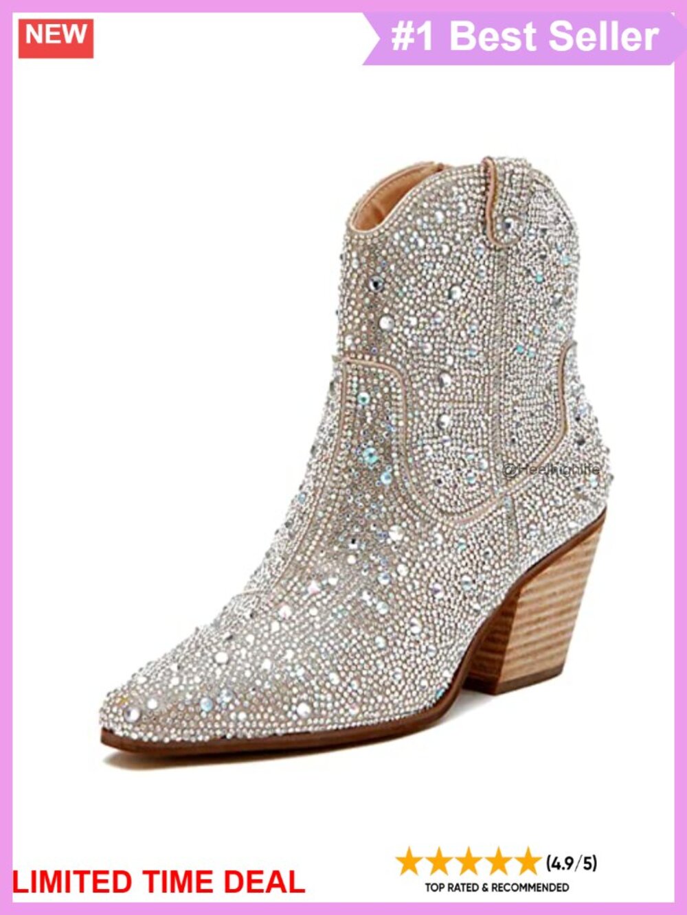 Rhinestone Cowgirl Ankle Booties Pointed Toe Chunky Heel Slip On Western Boots